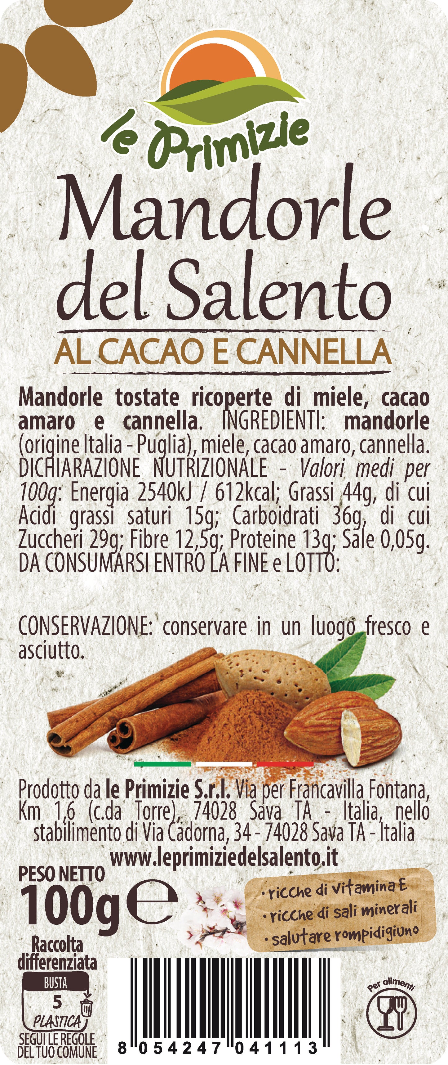Mandorle Sgusciate e Tostate - Cannella e cacao 100gr