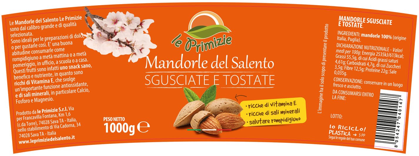 Shelled and Toasted Almonds Pugliesi - 1Kg Bucket