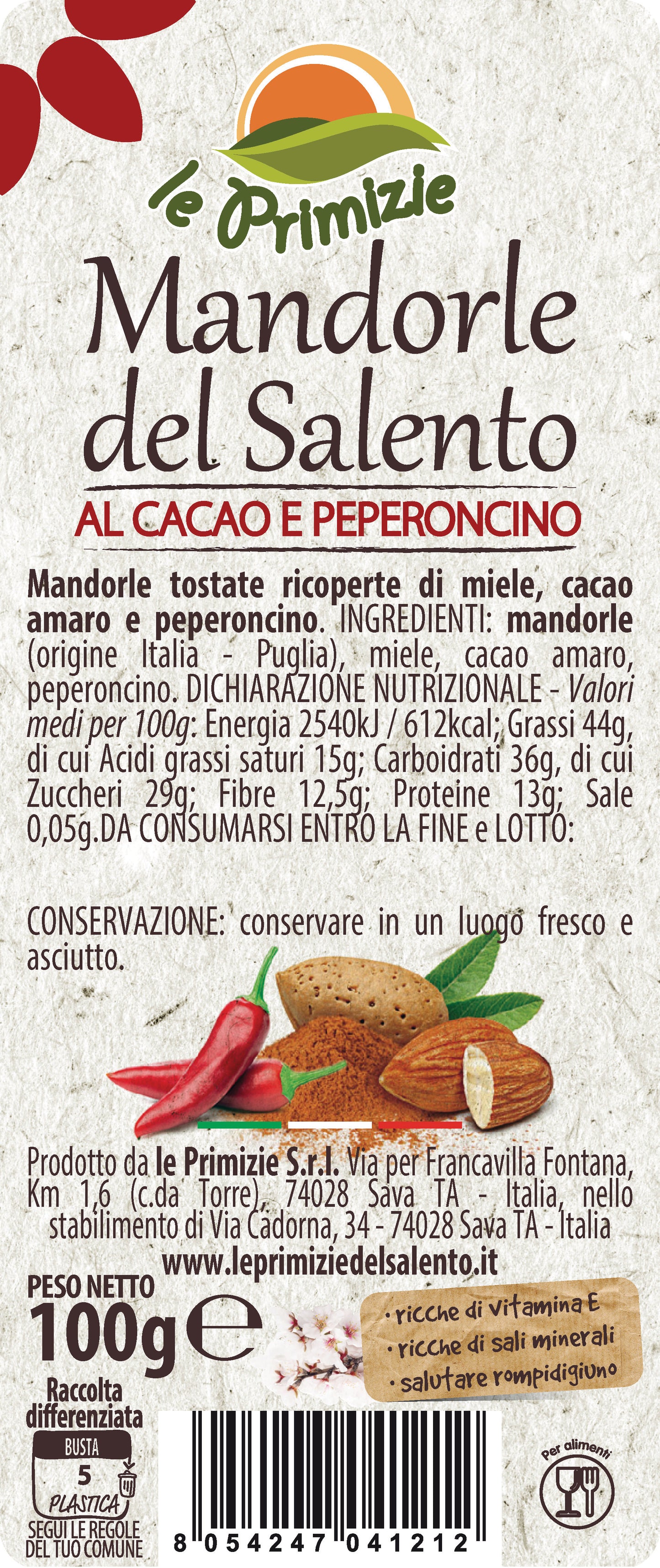 Mandorle Sgusciate e Tostate - Peperoncino  e cacao 100gr